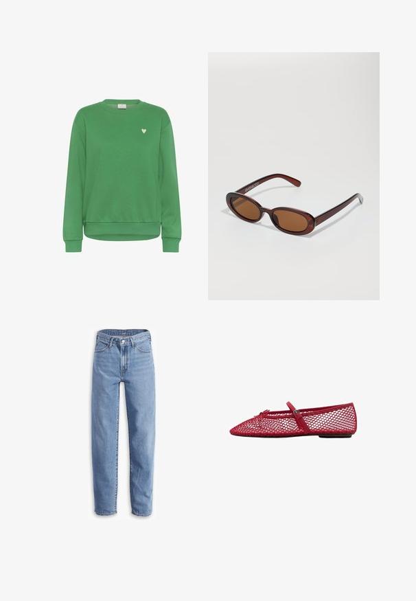 Hanorac verde din bumbac, cu guler rotund, mâneci lungi, tivuri cu nervuri și un mic accent în formă de inimă albă pe piept.; Jeans de culoare albastru deschis, din denim, cu o croială lejeră, picior drept, design cu cinci buzunare și margini desfăcute pentru un aspect casual.; Balerini roșii din plasă cu vârful ascuțit, prezentând o curea subțire și un detaliu cu cataramă. Partea superioară are un model deschis, în formă de fagure.; Ochelari de soare rotunzi, cu nuanțe de brown și cu un cadru lucios de burgund. Brațe subțiri cu detalii subtile de branding. Design cu lentile plate.