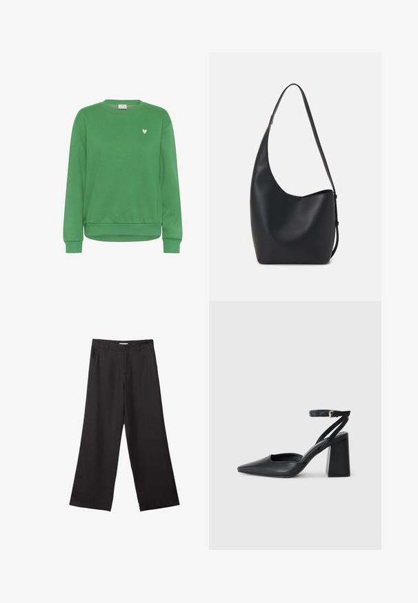 Zelená mikina vyrobená z bavlny, s okrúhlym výstrihom, dlhými rukávmi, ribovanými manžetami a malým bielym srdiečkom na hrudi.; Čierne široké nohavice vyrobené z hladkej tkaniny, so zipsom vpredu a dvoma bočnými vreckami, s prispôsobeným strihom a minimalistickým dizajnom.; Čierne kožené lodičky s špicatou špičkou a členkovým remienkom, s masívnym podpätkom. Hladký povrch, elegantný dizajn a minimalistická estetika.; Čierna kožená hobo taška so hladkou textúrou, zakriveným tvarom a jedným nastaviteľným popruhom; má široké otvorenie na vrchu.