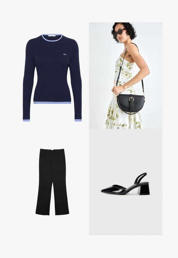 Mornarji rebrasti pulover z dolgimi rokavi v temno modri barvi, s svetlo modrim okroglim izrezom in manšeti. Ima majhen, vezen logotip na prsih.; Črne hlače ravnega kroja z naglavnimi žepi in stranskimi razporki na robu. Narejene iz mehke, gladke tkanine. Primerne za različne priložnosti.; Črne lakirane slingback pete s koničastim nosom in geometrijsko blokasto peto. Imajo eleganten, minimalističen dizajn in gladko teksturo.; Črna usnjena torbica s ukrivljeno obliko, z odstranljivo naramnico in zlatimi dodatki. Torbica ima pokrov s podrobnostmi v obliki zaponke.