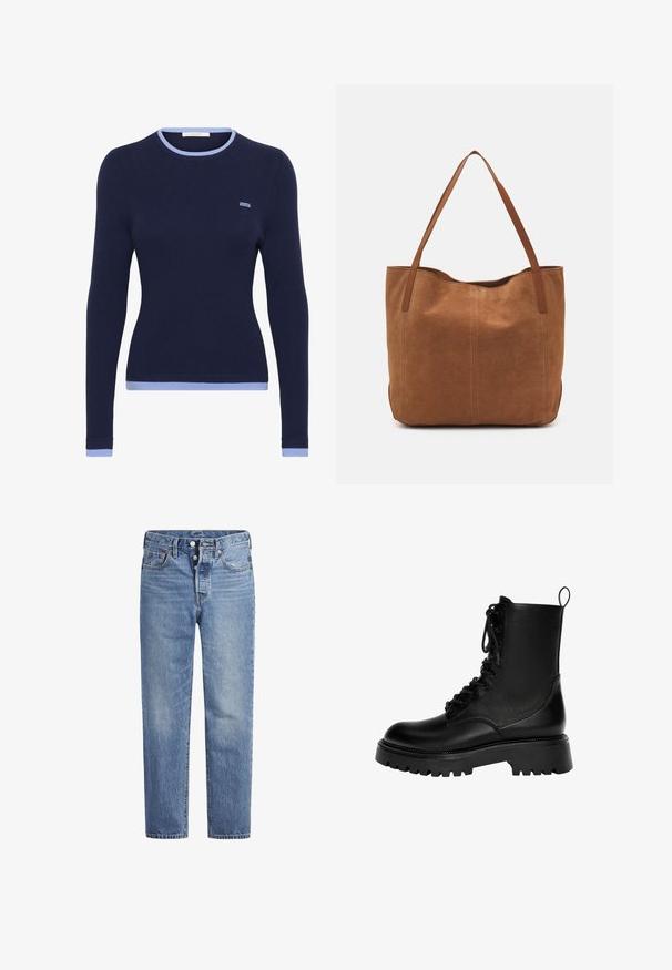 Tummansininen rib-alertatakkinen pitkähiha, jossa on vaaleansininen pyöreä pääntie ja hihansuut. Tässä on pieni, brosyytettu logo rintataskussa.; Vaaleansiniset farkut suoran leikkauksen, viiden pussin designin ja nappisuljenta. Ominaisuuksiin kuuluu hienoinen haalistuminen ja oranssit ompeleet.; Mustat nauhalla varustetut nilkkakengät, jotka on valmistettu synteettisestä nahasta, ja joissa on paksu pohja, vetolenkkki ja voimakkaat tikkauslähetykset.; Ruskean mokkanahkainen olkalaukku, jossa on kaksi pitkää kantohihnaa. Laukussa on sileä pinta, yksinkertainen muotoilu ja ei näkyviä materiaaleja tai koristeita.