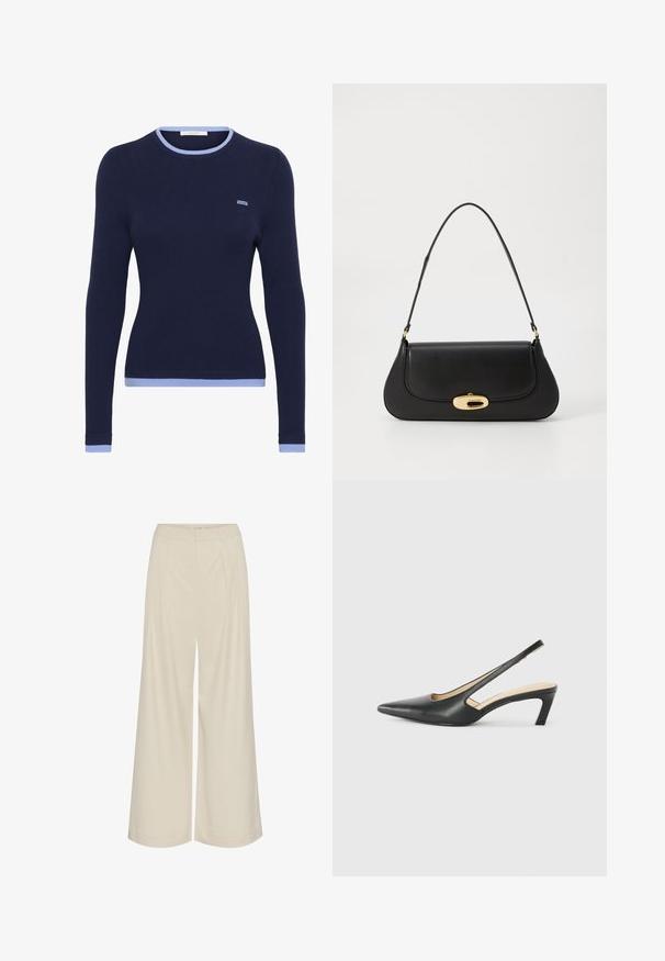 Suéter de manga longa em azul-marinho com um decote redondo e punhos em azul claro. Apresenta um pequeno logótipo bordado no peito.; Calças largas em tecido bege claro, com pregas, cintura alta e uma textura suave sem adornos visíveis.; Sandal com bico fino e calcanhar baixo, em couro liso, com um design recortado na lateral para respirabilidade.; Bolsa de couro preto com um design curvado, detalhes em metal dourado e uma pega superior. Apresenta um fecho elegante e uma textura suave.