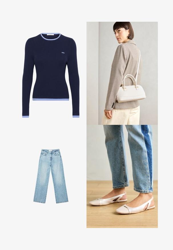 Mornarji rebrasti pulover z dolgimi rokavi v temno modri barvi, s svetlo modrim okroglim izrezom in manšeti. Ima majhen, vezen logotip na prsih.; Svjetloplave široke traperice s visokim strukom, s izblijedjelim pranjem i malim, raštrkanim oštećenjima po cijelom dijelu.; Svijetloružičaste slingback balerinke s šiljastim nožnim prstima, napravljene od glatkog materijala nalik koži. Imaju izrezane detalje sa strane i ravne pete.; Bela strukturirana torba z kratkimi ročaji in naramnim trakom, z zlatimi okrasnimi elementi in teksturiranim materialom, prikazana na sivi podlagi.