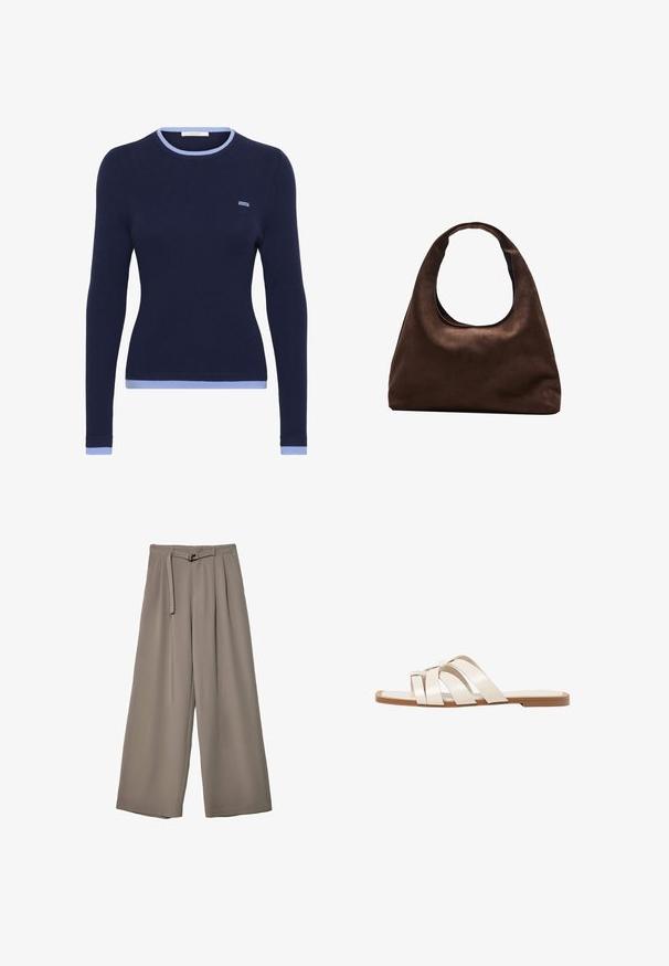 Mornarji rebrasti pulover z dolgimi rokavi v temno modri barvi, s svetlo modrim okroglim izrezom in manšeti. Ima majhen, vezen logotip na prsih.; Široke hlače iz mehke, umirjene sive tkanine, z pasom, ki ga je mogoče zavezati, in z gubami za dodatne oblikovne podrobnosti. Gladka tekstura, brez vzorcev.; Ravne sandale s svetlo rjavim gumijastim podplatom, zasnovane s tremi prekrivajočimi se belimi usnjenimi trakovi in majhnim lokom na sredini.; Mehakna rjava torbica v hobo stilu z enim širokim trakom in ukrivljenim odprtjem na vrhu, prikazana na beli podlagi.