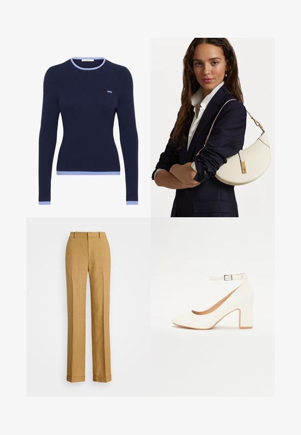 Tengerészkék bordás, hosszú ujjú pulóver világoskék kerek nyakkivágással és mandzsettával. A mellkason egy kis hímezett logó található.; Polo Ralph Lauren YARD LINEN FULL FLAT FRONT - Nadrágok - sand dune; Fehér magassarkú cipő hegyes orral, tömbsarkal és bokapánttal. Simaság jellemzi, finom fénylő felülettel és bézs bélésborítással.; Fehér bőr táska ívelt formával, arany kiegészítőkkel és texturált felülettel, sötét zakó és fehér ing fölött viselve.