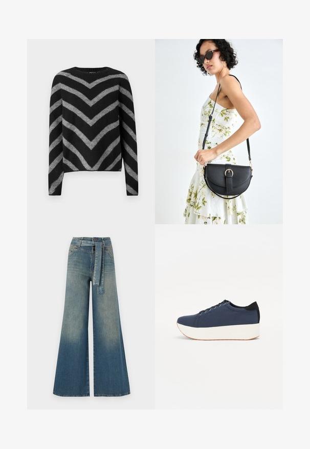 Černý a šedý pruhovaný svetr s vzorem v chevronu, s kulatým výstřihem a dlouhými rukávy, vyrobený z měkkého, texturovaného materiálu.; Džínové kalhoty širokého střihu s přechodem od světlé k tmavě modré, vysokým pasem, poutky na opasek a odpovídajícím opaskem ze stejného materiálu. Texturovaná džínovina.; Námořnické modré tenisky s texturovaným textilním svrškem, bílou platformovou podrážkou, kulatou špičkou a černým akcentem na patě. Obsahují šest očíček pro tkaničky.; Černá kožená kabelka s křivkovým tvarem, odnímatelným popruhem a zlatými detaily. Kabelka má klopu s přezkou.