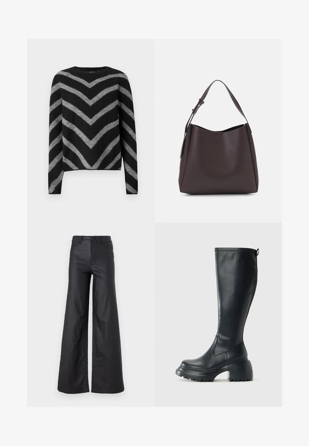 Maglione a righe nere e grigie con motivo a zig zag, caratterizzato da un collo rotondo e maniche lunghe, realizzato in un materiale morbido e testurizzato.; Pantaloni neri a gamba larga in materiale similpelle. Presentano un vita alta, passanti per la cintura, due tasche frontali e dettagli cuciti.; Stivale lungo in pelle nera con suola piatta robusta e tacco a blocco, dotato di linguetta e battistrada testurizzato sulla suola.; Vero Moda VMLANE - Shopping bag - chocolate torte