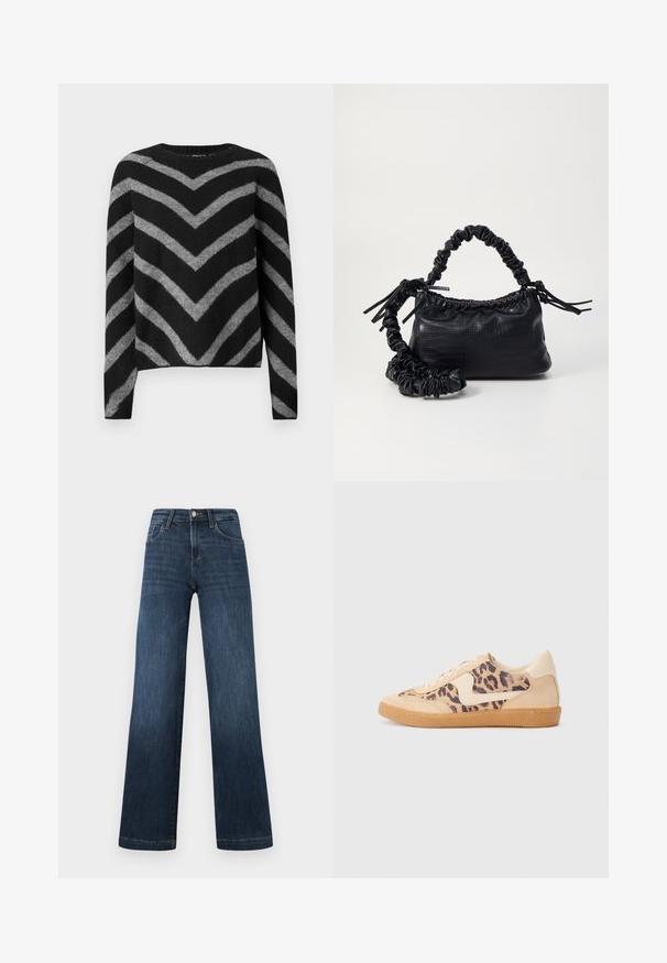 Pull à rayures noires et grises avec un motif en chevron, doté d'un col rond et de manches longues, fabriqué dans un matériau doux et texturé.; Jean en denim bleu foncé à coupe large, doté de cinq poches et d'une fermeture à bouton sur le devant. Texture lisse et détails de couture classiques.; Baskets en imprimé léopard avec tige en suède beige, semelle en caoutchouc tan et accents blancs. Bout rond et design à lacets avec une finition texturée.; Sac à main en simili cuir noir avec une texture crocodile, un dessus resserré et une sangle froncée. A l'apparence douce et compacte.