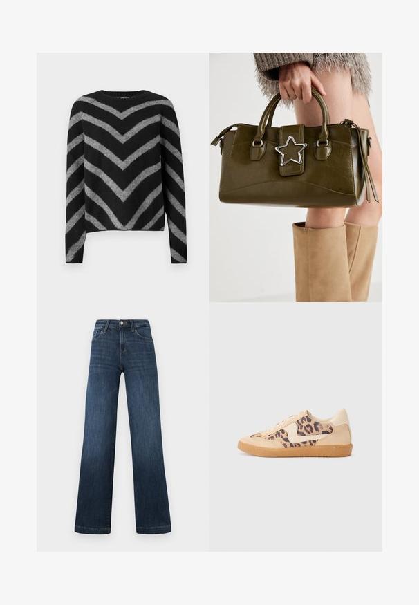 Maglione a righe nere e grigie con motivo a zig zag, caratterizzato da un collo rotondo e maniche lunghe, realizzato in un materiale morbido e testurizzato.; Jeans in denim blu scuro con un design a gamba larga, dotati di cinque tasche e chiusura anteriore con bottone. Texture liscia e dettagli di cucitura classica.; Sneakers in stampa leopardata con parte superiore in suede beige, suola in gomma color caramello e dettagli bianchi. Punta rotonda e design con lacci, con una finitura testurizzata.; Borsa a mano in similpelle verde oliva con accentatura a stella argentata, manici doppi e chiusura con zip. Superficie testurizzata e forma strutturata.