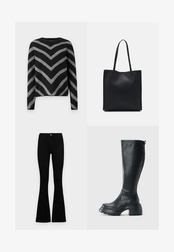Sweater listrado em preto e cinza com padrão em zig-zag, apresentando um decote redondo e mangas longas, feito de um material macio e texturizado.; Jeans pretos de cintura alta com fecho de botão e zíper, bolsos frontais e pernas largas dispostos em cima de um fundo branco.; Bota preta de couro alta com sola de plataforma robusta e salto bloco, apresentando puxador e padrão texturizado na sola.; Bolsa tote preta em couro com textura lisa, forma retangular e duas alças longas. Sem hardware ou enfeites visíveis.