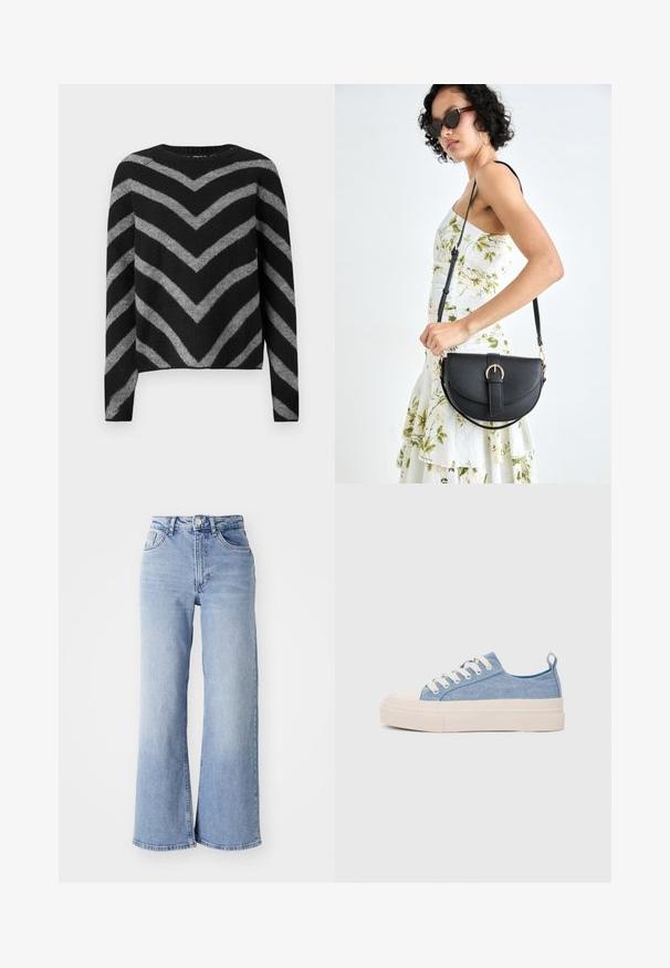 Maglione a righe nere e grigie con motivo a zig zag, caratterizzato da un collo rotondo e maniche lunghe, realizzato in un materiale morbido e testurizzato.; Jeans azzurri chiari a vita alta e gamba larga, con tasche anteriori e posteriori, chiusura con bottone e leggera scoloritura sulle cosce e sui orli.; Sneakers di tela blu chiaro con punta e suola in gomma crema, dotati di lacci bianchi e un cinturino sul tallone.; Borsa a tracolla nera in pelle con una forma curva, manico rimovibile e accessori dorati. La borsa presenta una patta con un dettaglio a fibbia.