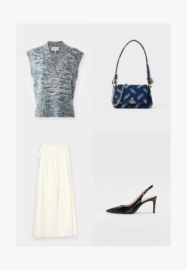 Ærmeløs strikket top i blå og creme med V-hals, struktureret mønster, ribbet søm og brede skulderåbninger. Mærke: MUNTHE.; Lang, cremefarvet nederdel lavet af letvægtsstof; har en elastisk talje med snøre og et svævende design med minimal tekstur.; Sort patenteret læder slingback stiletto med spids tå, slank hæl og et subtilt udskæringsdesign. Har en gylden spænde på remmen.; Mørkeblå stof håndtaske med en struktureret design, sølv hardware og en aftagelig kædetras. Har en klaplukning og et logo accent.