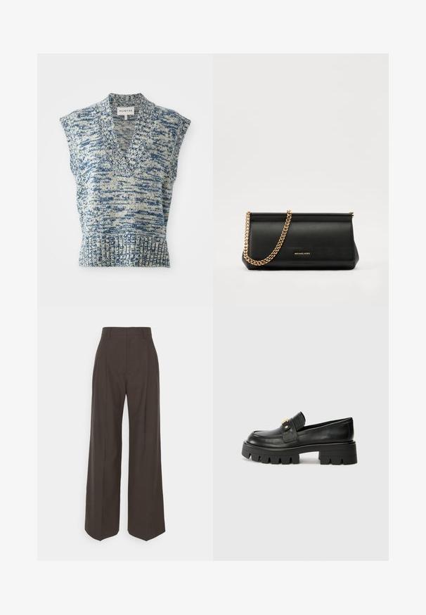Ärmelloses Strickoberteil in Blau und Creme mit V-Ausschnitt, strukturiertem Muster, geripptem Saum und weiten Schulteröffnungen. Markenlabel: MUNTHE.; Dunkelbraune weite Hose mit hoher Taille, die über sorgfältig gebügelte Falten, eine glatte Textur und eine taillierte Passform verfügt.; Schwarze Lederloafers mit einer klobigen Sohle, die an der Vorderseite ein goldfarbenes Akzent und eine glatte Oberfläche aufweisen. Klobiges Profil-Design auf der Sohle.; Schwarze Leder-Clutch mit einer goldenen Ketten-Trage, die eine glatte Oberfläche, rechteckige Form und geprägtes Branding auf der Vorderseite aufweist.