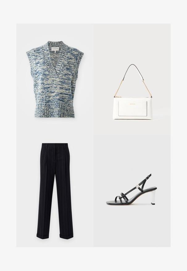 Ujjatlan kötött felső kék és krémszínben, V-nyakkal, texturált mintázattal, bordázott aljjal és széles vállnyílásokkal. Márka: MUNTHE.; Fekete csíkos nadrág, testre szabott fazonnal, cuffolt szegéllyel és elülső redőkkel. Sima anyagból készült, strukturált kialakítással.; Fekete magassarkú szandál, több keskeny pánttal, slingback fazonnal és ezüst szegéllyel a sarkon. Simább anyagú felsőrész és négyzet alakú sarok.; Fehér bőr kézitáska, texturált felülettel, arany lánccal és fekete részletekkel. Elülső zsebbel és cipzáros zárással rendelkezik.