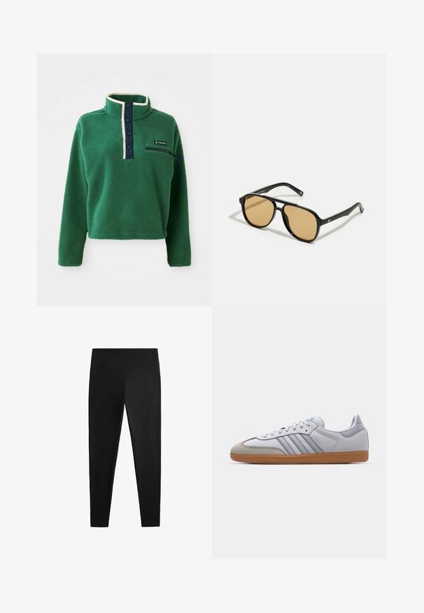 Zöld fleece pulóver magas gallérral, sötétkék gombos részlettel és cipzáras zsebbel. Puha tapintású, kontrasztos krémszínű díszítéssel.; Fekete leggings sima, rugalmas anyagból. Széles derékpánt és szűkülő lábzárás jellemzi, alkalmas aktív vagy laza viseletre.; Fehér bőr sportcipők világoskék részletekkel, szürke velúr orral és barna gumitalppal. Három kék csíkkal és "Samba" felirattal rendelkezik.; Fekete napszemüveg barna árnyalatú lencsékkel; téglalap alakú, vastag kerettel, a szárakon diszkrét fém részletekkel.