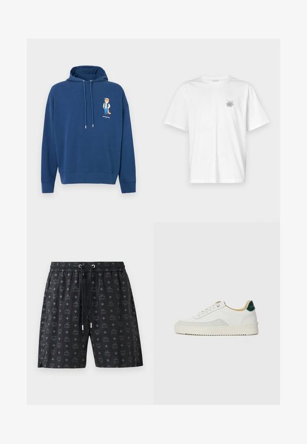Hanorac bleu marin dintr-un material moale, cu un grafic frontal ce reprezintă o vulpe îmbrăcată casual. Include glugă cu șnur și mansete strâmte.; Tricou alb din bumbac, cu mâneci scurte, guler rotund și un mic logo gri în zona stângă a pieptului. Textură netedă.; Boxeri de înot negri cu un model repetat de logo-uri și forme de diamant. Realizați dintr-un material ușor, cu talie elastică și șnur de ajustare.; Sneaker alb cu accente din suede, vârf rotund, șireturi plate și o talpă din cauciuc crem. Are un logo verde pe călcâie.