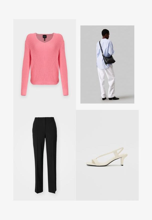 Rosa gestrickter Pullover mit V-Ausschnitt, langen Ärmeln, gerippter Textur und diagonalen Details auf der Vorderseite. Glattes Material und taillierte Silhouette.; Schwarze, taillierte Hose mit geradem Bein, aus einem glatten Stoff und mit klaren Falten an der Vorderseite. Keine sichtbare Hardware.; Beige Blockabsatzsandalen mit dünnen Riemen und quadrater Spitze. Glattes Material mit minimalem Design, entworfen für einfaches Tragen.; Schwarze Leder-Umhängetasche mit weicher Textur, dreieckiger Form und verstellbarem Tragegurt, kombiniert mit einem hellblauen gestreiften Hemd und weißen Hosen.