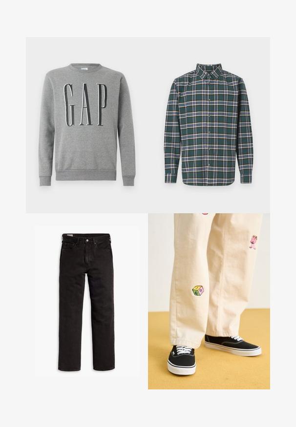 Sweatshirt cinza com colarinho arredondado, punhos e barra canelados, com a palavra "GAP" em letras grandes de cor preta na frente. Textura de tecido suave.; Camisa de flanela verde com um padrão de xadrez apresentando linhas azuis, brancas e mostarda. Frente com botões e colarinho pontudo. Mangas compridas.; Jeans de denim pretos de perna reta com cinco bolsos, fecho de botão e passantes para cinto, dispostos em uma superfície branca.; Calças de algodão bege com desenhos bordados divertidos, incluindo uma personagem rosa e um bloco colorido, combinadas com sapatilhas pretas de atacadores.