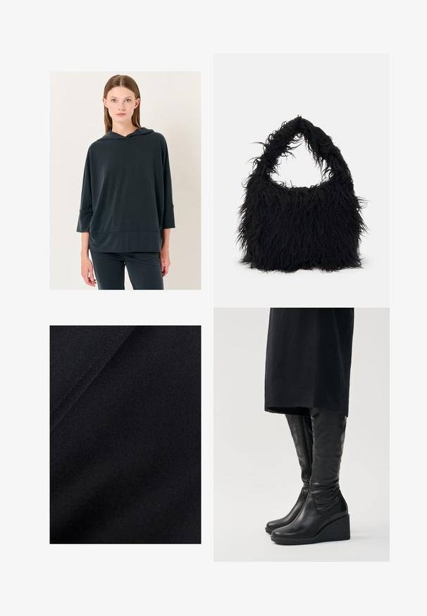 Felpa con cappuccio grigia scura, dal taglio morbido, maniche a tre quarti e un design del colletto sottile, caratterizzata da una texture liscia e dettagli minimi.; Tessuto nero con una texture liscia, caratterizzato da sottili variazioni di luminanza e una leggera elasticità, ideale per capi d'abbigliamento o tappezzeria.; Stivali alti fino al ginocchio in pelle nera con tacco a zeppa, caratterizzati da una superficie liscia e da una cerniera laterale. Progettati con una silhouette snella e aderente.; Even&Odd Shopping bag - black