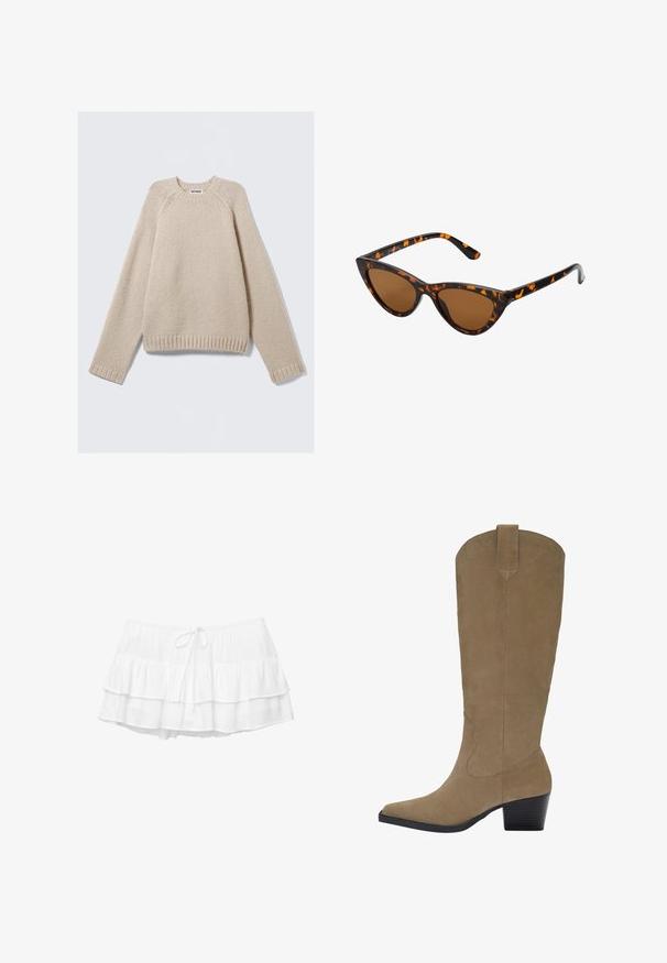 Pulover tricotat bej cu mâneci raglan lungi și cu tivuri și margini ribbate, așezat plat pe un fundal deschis.; Fustă albă stratificată cu trei niveluri voluminose, talie elastică și detaliu cu șnur. Fabricată dintr-un material ușor, texturat.; Cizme din daim maro, până la genunchi, cu vârf ascuțit, toc cu grosime și detalii de cusătură pe laturi. Textură fină și design structurat.; Ochelari de soare în stil cat-eye, cu o ramă din material cu tortoiseshell negru și portocalie, lentile maro și vârfuri elegante, ascuțite. Prezintă un logo minimal pe brățara ochelarilor.
