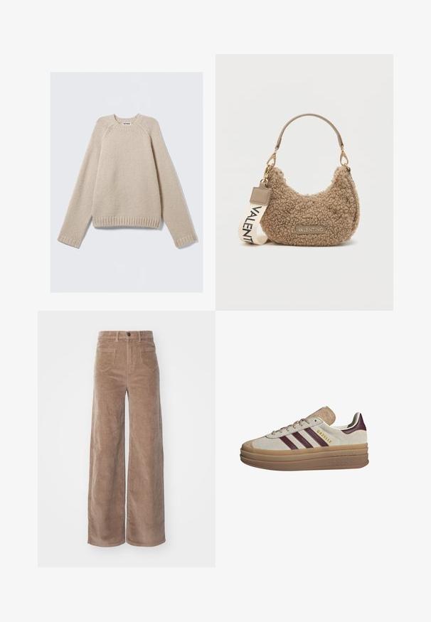 Pull en maille beige avec de longues manches raglan et des poignets et un ourlet côtelés, posé à plat sur un fond clair.; ONLY HOPE GLOBAL HW EBBA POCKETS - Pantalon classique - fossil; Baskets en suède beige avec des rayures bordeaux, des accents blancs, une semelle translucide épaisse et un logo en relief sur le côté. Design à lacets.; Sac à main en cuir brun texturé, fabriqué en matériau en peluche, avec une forme incurvée, une courte poignée et une bandoulière amovible avec "VALENTINO" imprimé.