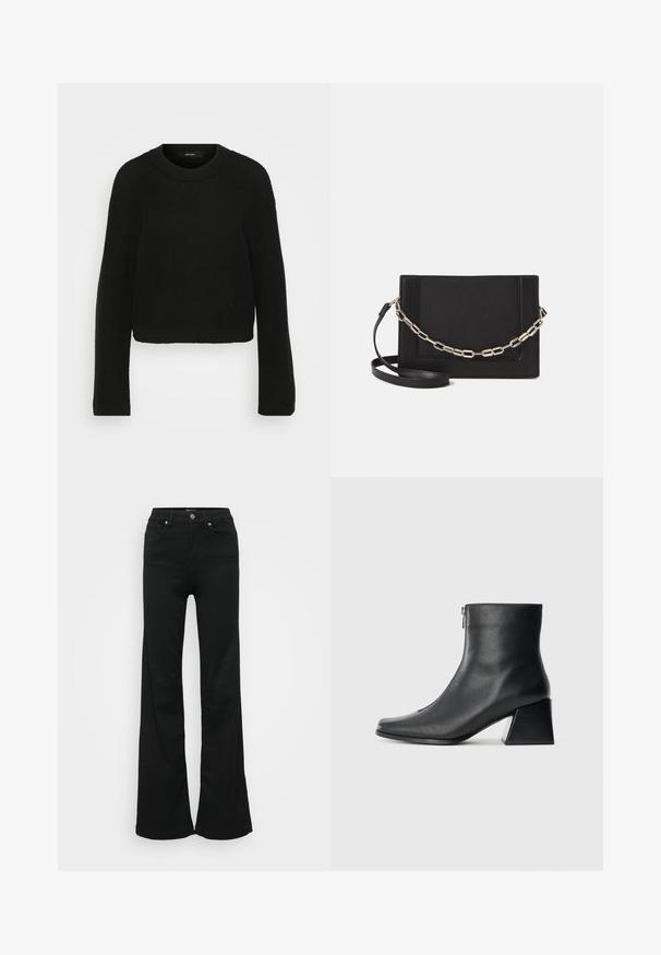 Schwarzer Strickpullover mit Rundhalsausschnitt und langen Ärmeln. Hat ein strukturiertes Muster und ein kurzes Design.; Schwarze, ausgestellte Jeans aus Denim, mit hoher Taille, fünf Taschen und Metallknopfverschluss. Glatte Textur mit minimaler Gestaltung.; Schwarze Lederstiefelette mit quadrater Zehenform, seitlichem Reißverschluss und Blockabsatz vor einem schlichten hellen Hintergrund.; Schwarze Leder-Crossbody-Tasche mit glatter Textur, rechteckiger Form und metallic-kettendetail auf der Vorderseite. Verstellbarer Gurt inklusive.