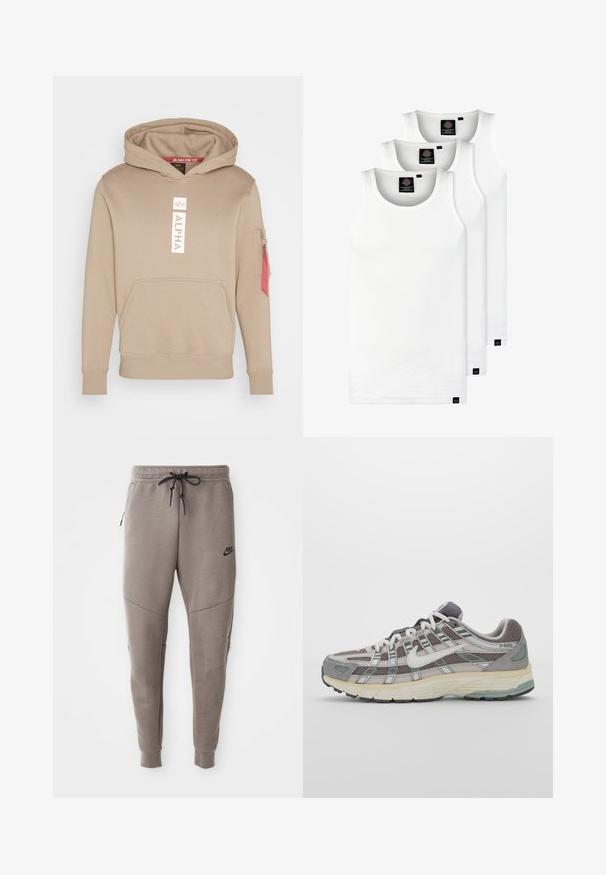 Beige hettegenser med en frontkaninlomme, elastiske mansjetter og en rød lomme på venstre erme. Har en hvit "ALPHA" logo.; Tre hvite ribbestrikkede tank topper laget av bomull. Har en rund hals og små svarte etiketter nær kanten. Tilgjengelig i flere størrelser.; Grå Nike joggebukser med snor i midjen, smale ben, sidelommer og distinkte sømdetaljer. Myk, teksturert stoff.; Grå treningssko med overdel i nett og semsket skinn, hvite detaljer, en polstret såle, og et særpreget design med reflekterende elementer.