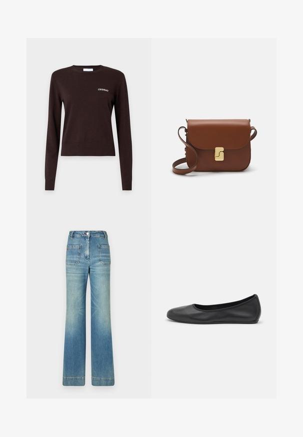 Smeđi pleteni pulover s dugim rukavima, rebrastim manžetama i donjim rubom, s izvezenim natpisom "2ND DAY" na lijevoj strani prsiju.; Svijetloplave traperice s flare krojem, pet džepova, petljama za pojas, zatvaranjem na gumb i blago izblijedjelom teksturom, s detaljem crvenog loga na stražnjoj strani.; Crne kožne baletanke s zaobljenim vrhom, glatke teksture, minimalnim detaljima šavova i fleksibilnim dizajnom potplata.; Smeđa kožna torba s preklopom, zlatnim detaljima, remenom za nošenje preko ramena i glatkom teksturom. Kompaktni pravokutni oblik.