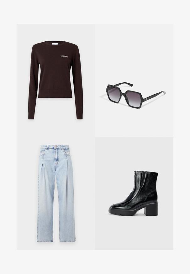 Brown knitted sweater with long sleeves, ribbed cuffs and hem, featuring the embroidered text "2ND DAY" on the left chest.; Light blue denim jeans with a high waist, wide-leg cut, two side pockets, and pleated design feature. Soft texture with a faded finish.; Black patent leather ankle boots with a curved toe, elastic side panels, and a chunky block heel. Features embossed logo on the back.; Black hexagonal sunglasses with gradient lenses, featuring a glossy finish and subtle branding on the temple. Durable plastic construction.