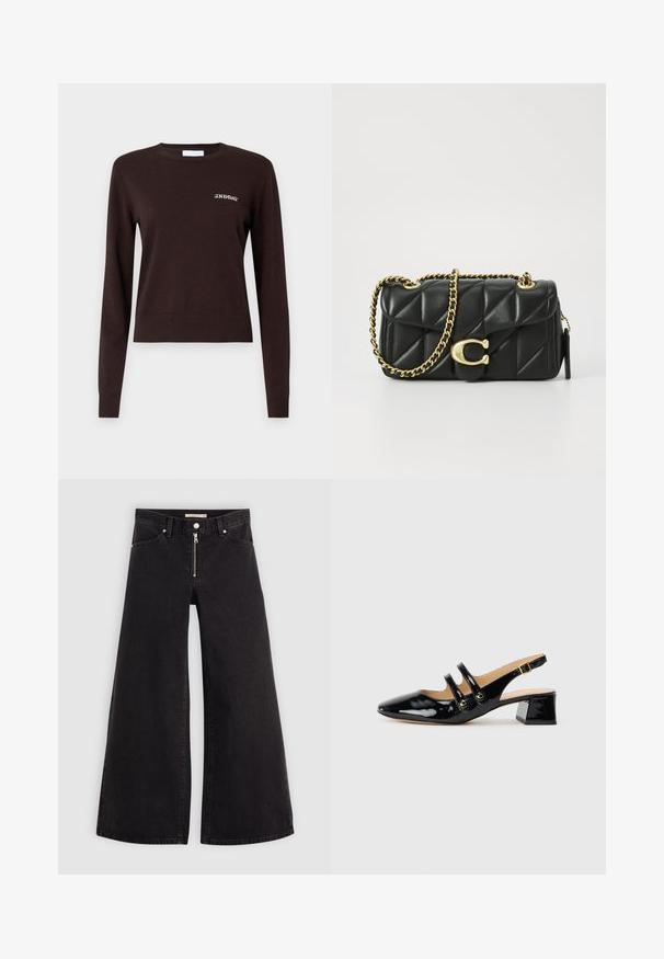 Pull en tricot marron à manches longues, avec des poignets et un ourlet côtelés, présentant le texte brodé "2ND DAY" sur la poitrine gauche.; Jean large en denim noir avec une fermeture éclair à l'avant, un design à cinq poches et des détails de couture subtils. Texture lisse et style décontracté.; Chaussure slingback en cuir verni noir avec bout pointu, détail de deux brides, accents circulaires dorés et un petit talon carré.; Sac à main en cuir matelassé noir avec une bandoulière en chaîne dorée et un fermoir à bascule avec un accent circulaire. Forme rectangulaire compacte.