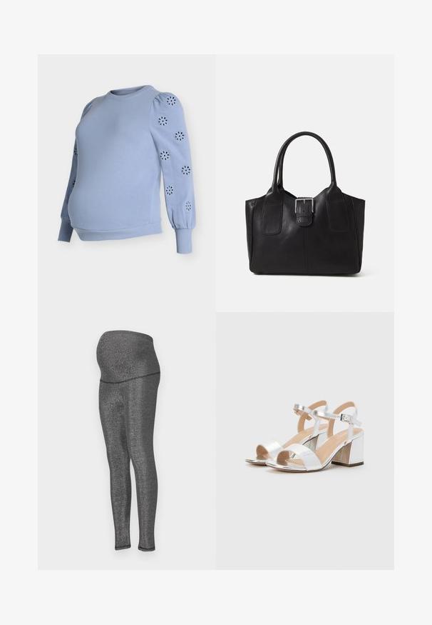 Gaiši zila grūtnieču džemperis ar pūkainām piedurknēm, piedurknēs ir ziedu izgriezumu raksti, izgatavots no mīksta kokvilnas maisījuma, ar ribveida apakšu.; Grūtniecības legingi izgatavoti no elastīga, metāliski melna auduma. Augsta jostasvieta, kas paredzēta ērtībām, pieguļošs piegriezums kājām un gluda tekstūra.; Sudraba augstpapēžu sandales ar atvērtām pirkstiem, ar divām platām siksnām un noapaļu blokpapēdi. Gluda tekstūra ar metalizētu apdari.; Melnas ādas somiņa ar gludu tekstūru, strukturētu formu, divām rokturām un izteiktu sudraba sprādzi priekšpusē.