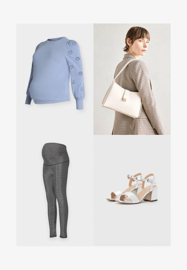 Hele sinine rasedate pusa puffy varrukatega, millel on varrukatel lillelised lõigatud mustrid, valmistatud pehmest puuvillasegust, soonikkoes äärega.; Rasedus leggings venivast metallikmustast kangast. Kõrge vöökoht mugavuse jaoks, sujuv istuvus jalgades ning sile tekstuur.; Hõbedased kõrged kontsad avatud varvastega, millel on kaks laia rihma ja ümar plokknina. Sile tekstuur metallikviimistlusega.; Valge nahast käekott struktureeritud disainiga, millel on magnetlukk ja õlavarre rihm, esitletud neutraalse tausta ees.