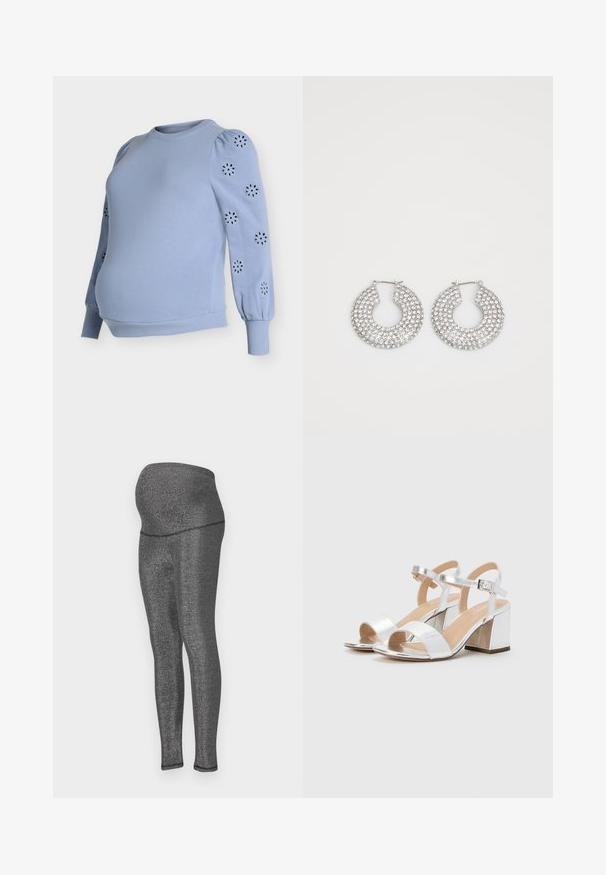 Light blue maternity sweatshirt with puff sleeves, features floral cut-out patterns on sleeves, made of soft cotton blend, ribbed hem.; Maternity leggings in stretchy, metallic black fabric. High waistband designed for comfort, sleek fit through legs, with a smooth texture.; Silver high-heeled sandals with open toes, featuring two wide straps and a rounded block heel. Smooth texture with metallic finish.; Silver hoop earrings adorned with multiple clear crystal embellishments, featuring a textured surface and an open circular design.