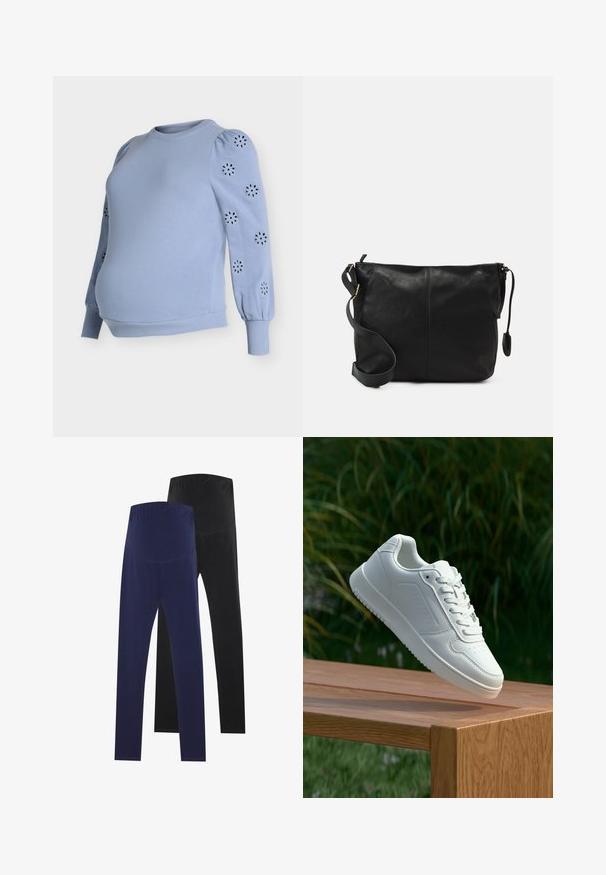 Hellblauer Schwangerschafts-Sweatshirt mit Puffärmeln, verfügt über florale Ausschnittmuster an den Ärmeln, aus weichem Baumwollmischgewebe gefertigt, mit geripptem Saum.; Zwei Leggings-Paare, eines in Marineblau und eines in Schwarz, mit glattem Material und hohem Bund für einen sicheren Sitz.; Weiße Sneaker mit einem glatten, synthetischen Obermaterial, perforierter Zehenbox, flachen Schnürsenkeln und einer strukturierten Sohle, präsentiert auf einer Holzoberfläche.; Schwarze Leder-Umhängetasche mit flacher Form, goldenen Hardware-Details und einem verstellbaren Tragegurt. Glatte Textur mit minimalen Nähten.