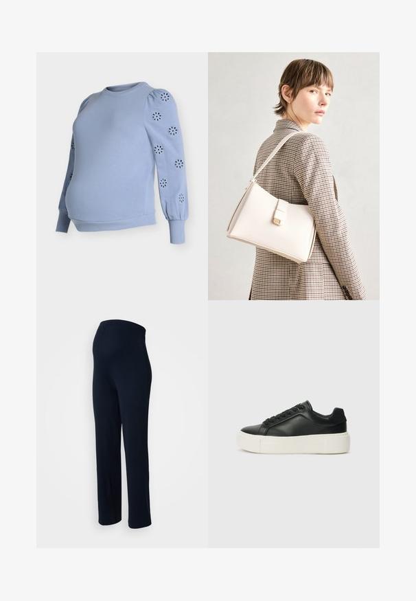 Lyseblå mamma-sweatshirt med pufferm, har blomstrete utskjæringsmønstre på ermene, laget av myk bomullsblanding med ribbet nederkant.; Mørkeblå stretchbukser med en glat overflade, elastisk talje og lige bendesign, uden synlige metaldele eller mønstre.; Sorte lær sneakers med rund tå, hvit plattformsåle og svarte snøring. Har en subtil logo på hælen og jevn tekstur.; Hvit lær veske med en strukturert design, med magnetlås og skulderstropp, vist mot en nøytral bakgrunn.