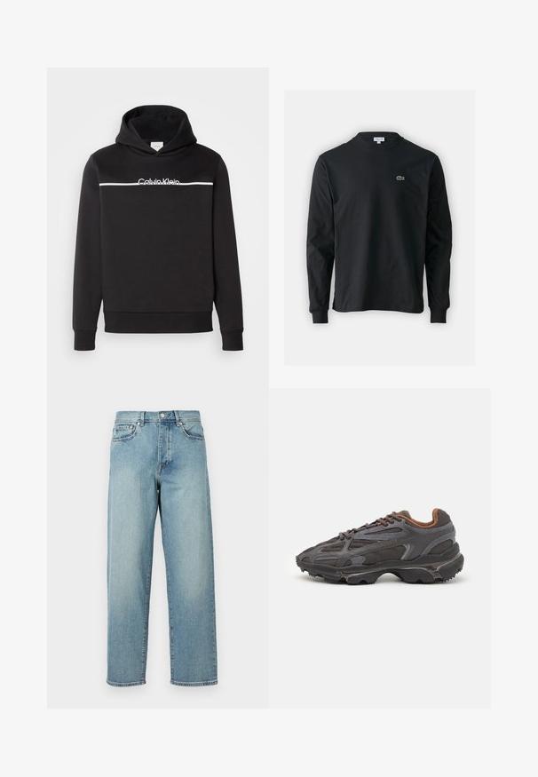 Moletom preto feito de algodão com um logotipo branco na frente e uma faixa horizontal branca. Inclui um capuz com cordão e punhos ajustados.; Camisola preta de manga longa feita de algodão, com decote redondo e um pequeno logótipo de crocodilo bordado em verde no lado esquerdo do peito.; Jeans de denim azul claro com um corte solto, pernas retas, design de cinco bolsos e fecho de botão na cintura. Detalhe de costura minimalista.; Ténis Lacoste em cinza-escuro com material em malha e sintético, apresentando uma sola texturizada e detalhes castanhos na gola e na marca.