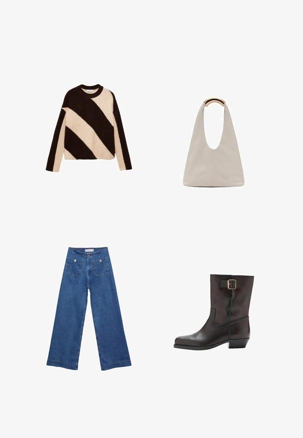 Maglione lavorato a maglia con bold strisce diagonali in marrone scuro e crema, colletto rotondo e maniche lunghe. Texture morbida.; Jeans in denim a gamba larga con un lavaggio blu medio, due tasche frontali con chiusura a bottone e dettagli cuciti lungo gli orli.; Stivaletto in pelle nera con punta rotonda, tacco basso a blocco, pannello elastico laterale e accentuazione in oro sulla fibbia della cinghia alla caviglia.; Borsa in pelle grigio chiaro con design a forma di U e manico metallico curvo. Texture liscia con cuciture minime e senza motivi visibili.