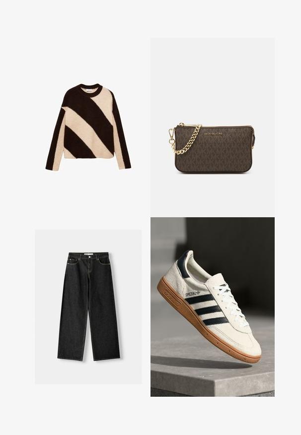 Strickpullover mit kräftigen diagonalen Streifen in Dunkelbraun und Creme, mit Rundhalsausschnitt und langen Ärmeln. Sanfte Textur.; Schwarze Jeans mit weitem Bein aus Denim, mit fünf Taschen, metallischem Knopf und Reißverschluss und kontrastierenden gelben Nähten entlang der Nähte.; Weiße Wildleder-Sneaker mit marineblauen Streifen, Gummisohle, strukturiertem Obermaterial, runder Zehenform und Schnürung; mit Branding an der Seite und auf der Zunge.; Braune Leder-Crossbody-Tasche mit Logo-Muster, goldener Kettenriemen, Reißverschlussverschluss und goldenen Hardware-Details. Kompakte und rechteckige Form.; Goldenes rechteckiges Uhrenarmband mit einem weißen Ziffernblatt, minimalistischen Stundenmarkierungen und einem Metallmeshband. Verfügt über eine seitliche Krone zur Zeiteinstellung.