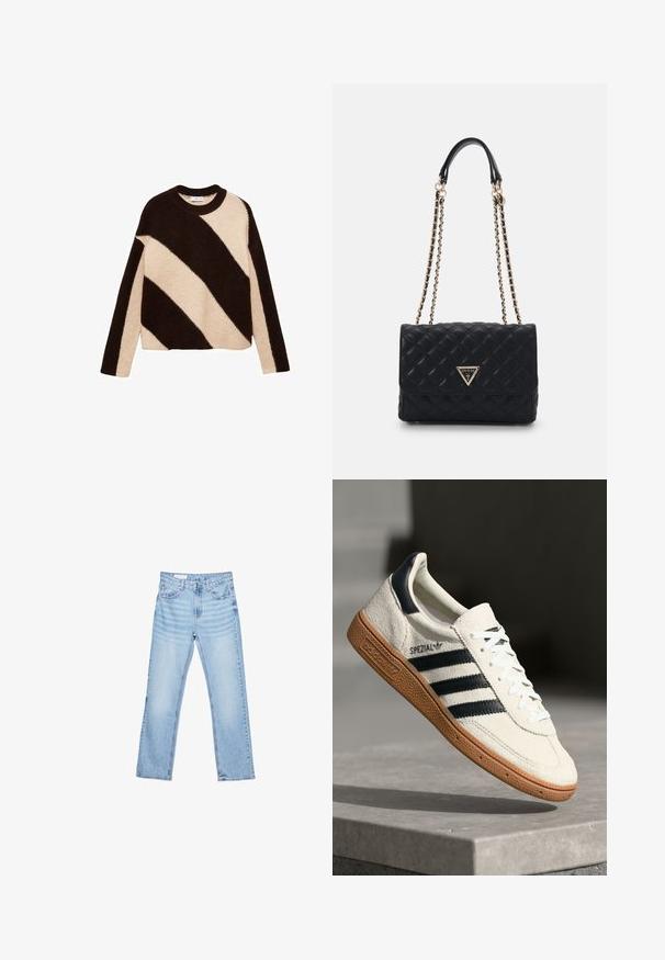 Strickpullover mit kräftigen diagonalen Streifen in Dunkelbraun und Creme, mit Rundhalsausschnitt und langen Ärmeln. Sanfte Textur.; Hellblaue Jeans aus Denim mit geradem Schnitt, Fünf-Taschen-Design und sichtbaren Nähten. Mittelhoher Taillenbund mit klassischem Knopf- und Reißverschluss.; Weiße Wildleder-Sneaker mit marineblauen Streifen, Gummisohle, strukturiertem Obermaterial, runder Zehenform und Schnürung; mit Branding an der Seite und auf der Zunge.; Schwarze gesteppte Handtasche mit einem goldenen Dreieckslogo, ausgestattet mit einem doppelten Kettenriemen und einer glatten Lederstruktur. Rechteckige Form mit Klappenverschluss.; Goldenes rechteckiges Uhrenarmband mit einem weißen Ziffernblatt, minimalistischen Stundenmarkierungen und einem Metallmeshband. Verfügt über eine seitliche Krone zur Zeiteinstellung.