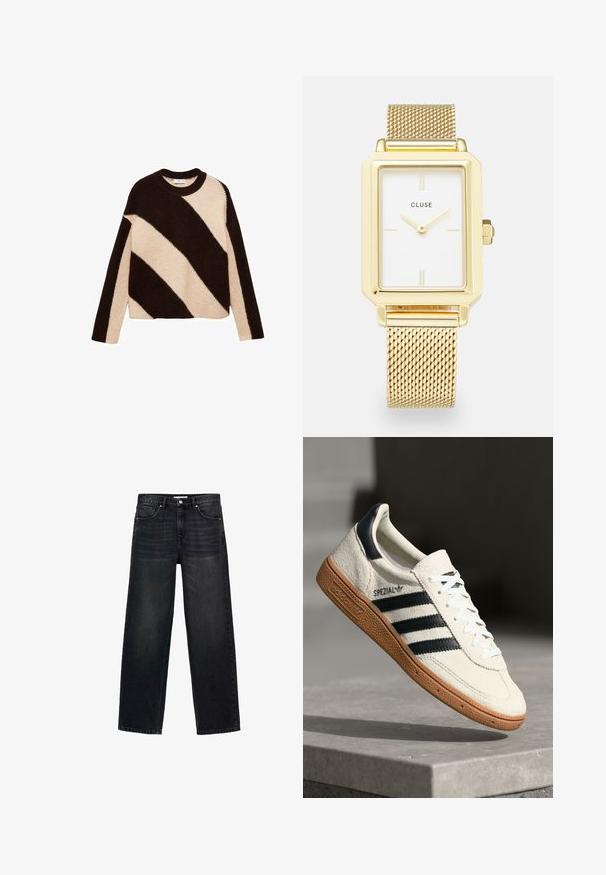 Neulepaita, jossa on rohkeat diagonaaliset raidoitukset tummanruskeassa ja kermassa, pyöreä kaula-aukko ja pitkät hihat. Pehmeä rakenne.; Mustat avarat farkut, valmistettu denimistä. Ominaisuuksiin kuuluu viisi taskua, vetoketjukiinnitys nappikiinnityksellä ja hienovarainen kuluminen edessä.; Valkoinen nahan näköinen sneaker, jossa on tummansinisiä raitoja, kuminen pohja, teksturoitu yläosa, pyöreä kärki ja nauhoitus; sisältää brändäystä sivussa ja kielekkeessä.; Kullanışlı bir yan taç ile zamana ayarlama özelliğine sahip, minimalist saat işaretlerine ve metal örgü bir kayışa sahip beyaz yüzlü altın rectangular saat.