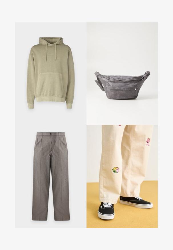 Khaki kapuutsiga sviiter, millel on paeltega kapuuts, känguru-tasku ja ribidega mansetid. Valmistatud pehmest kangast, millel on sile tekstuur.; Hallid halli houndstooth-trükk mustriga püksid sirge lõikega, millel on voldid, nööbiga kinnitatav vöökoht ja küljetaskud.; Bežistestased püksid, millel on mängulised tikandid, sealhulgas roosa tegelane ja värvikad plokid, koos mustade nöörkingadega.; Hallikate nahast vöö kott, millel on ümar kuju, kaks tõmblukuga taskut ning reguleeritav rihm. Varustatud metallist detailide aktsentidega.