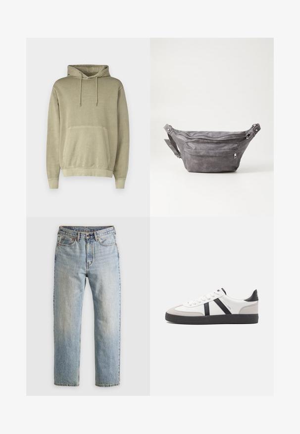 Khaki kapuutsiga sviiter, millel on paeltega kapuuts, känguru-tasku ja ribidega mansetid. Valmistatud pehmest kangast, millel on sile tekstuur.; Heledad hele sinine teksapükste kõrge vöökoht, ees nupuga, lukuga ja viie taskuga disain, asetatud tasasele neutraalsele taustale.; Valged tossud mustade ja hallide aktsentidega, tekstureeritud halli varbakattega, musta kummitald ja lamedad valged paelad. Puhtad jooned, minimalistlik stiil.; Hallikate nahast vöö kott, millel on ümar kuju, kaks tõmblukuga taskut ning reguleeritav rihm. Varustatud metallist detailide aktsentidega.