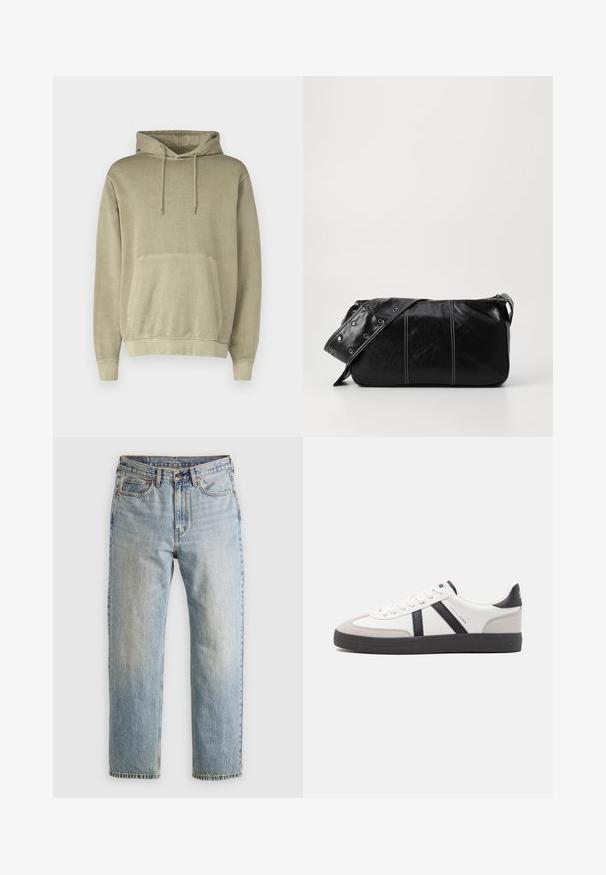 Khaki bluza z kapturem i sznurkiem do regulacji, kieszenią kangurką oraz ściągaczami u rękawów. Wykonana z miękkiego materiału o gładkiej fakturze.; Jasnoniebieskie dżinsy z wysokim stanem, z guzikiem z przodu, zamkiem błyskawicznym i pięcioma kieszeniami, ułożone na płasko na neutralnym tle.; Białe sneakersy z czarnymi i szarymi akcentami, z teksturowanym szarym czubkiem, czarną gumową podeszwą i płaskimi białymi sznurowadłami. Czysty design, minimalistyczny styl.; Czarna skórzana torba na ramię z zamkiem błyskawicznym, charakteryzująca się teksturowanym korpusem, białymi przeszyciami oraz paskiem z srebrnymi osłonkami.