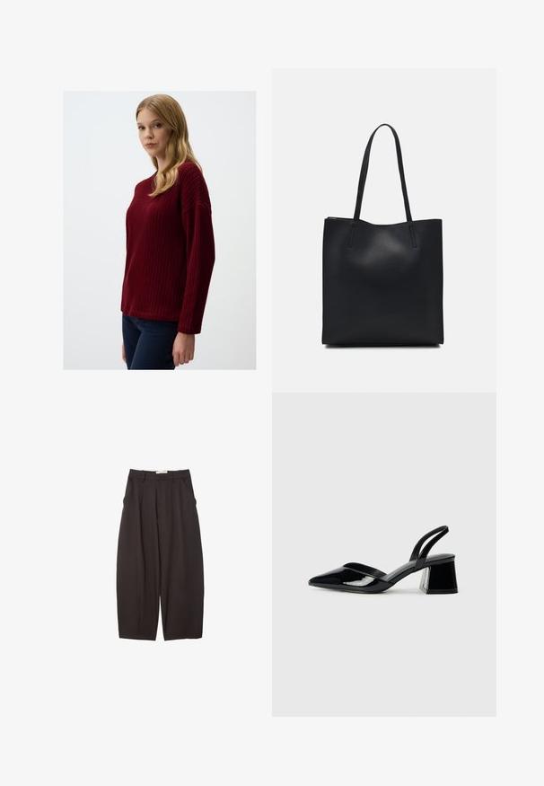 Maglione lavorato a maglia bordeaux con un motivo testurizzato, scollo a girocollo e spalle scese, abbinato a pantaloni blu scuro.; Pantaloni neri a gamba larga realizzati in un tessuto morbido, con vita alta, pieghe frontali e tasche laterali. Design semplice senza decorazioni.; Décolleté in vernice nera con punta affusolata e tacco in geometria cubica. Presentano un design elegante e minimalista, con una texture liscia.; Borsa tote in pelle nera con texture liscia, forma rettangolare e due manici lunghi. Nessun hardware o decorazione visibile.