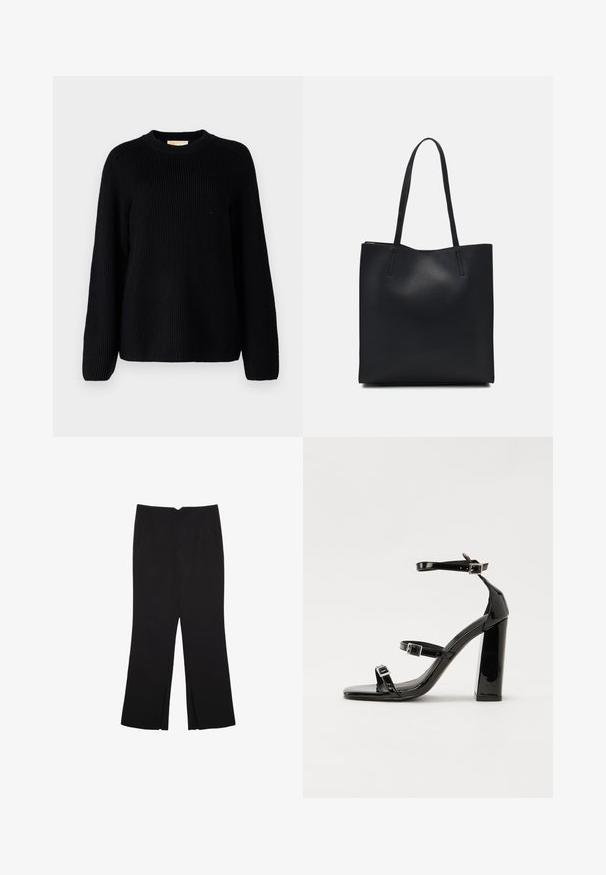 Schwarzer gerippter Strickpullover mit langen Ärmeln und rundem Halsausschnitt. Strukturierter Stoff und lässige Passform. Keine Muster oder Akzente.; Schwarze Hose mit geradem Schnitt, ausgestattet mit Fronttaschen und Seitenschlitzen am Saum. Hergestellt aus weichem, glattem Stoff. Geeignet für verschiedene Anlässe.; Schwarze patentierte Sandalen mit Absatz, quadratischer Spitze, Knöchelriemen und silbernen Schnallen. Mit einem stabilen Blockabsatz für mehr Stabilität.; Schwarze Laptoptasche aus Leder mit glatter Textur, rechteckiger Form und zwei langen Griffen. Keine sichtbaren Beschläge oder Verzierungen.