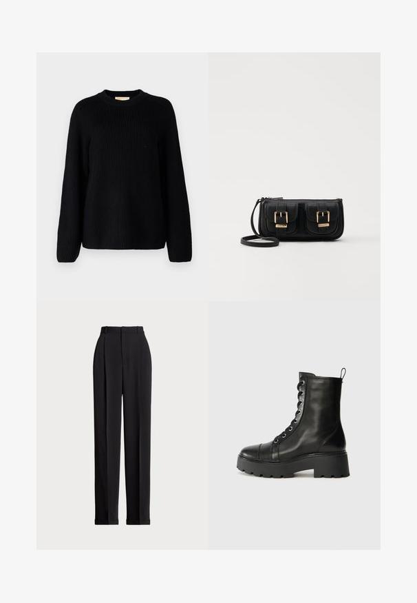 Svart ribbad stickad tröja med långa ärmar och rund halsringning. Strukturert tyg och en avslappnad passform. Inga mönster eller detaljer.; Svarta skräddarsydda byxor med hög midja, med veck framtill, rak bendesign och uppvikte nederdelar. Tillverkade av ett slätt tyg.; Svart läderankelboot med rund tå, kraftig gummisula och metalldetaljer. Har snörning framtill och en dragflik baktill.; Svart läderaxelväska med två framfickor, guldspännen, dragkedjestängning och en smal rem. Texturerad yta och kompakt rektangulär form.