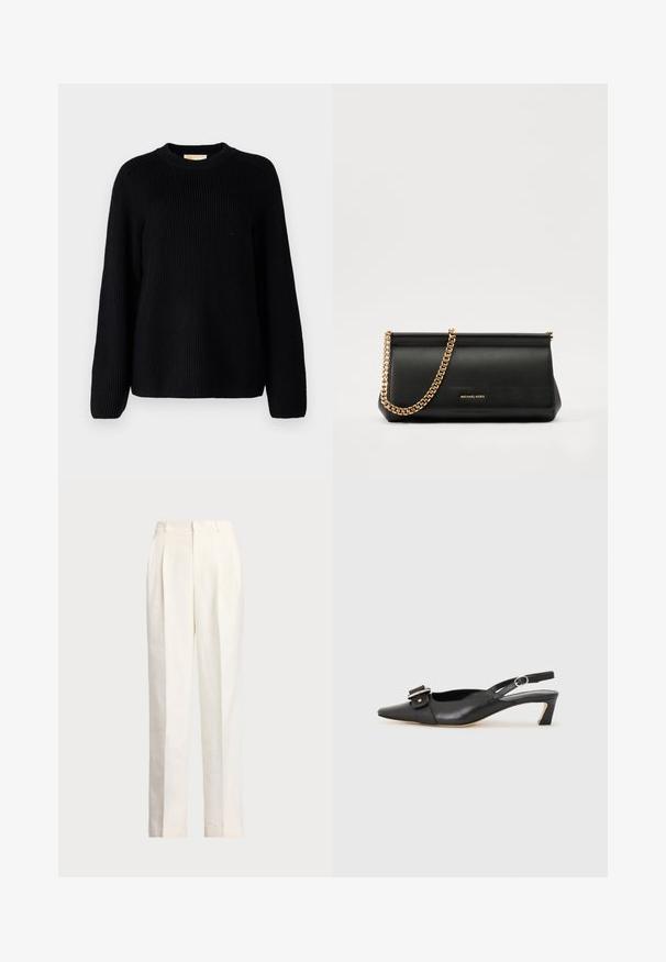 Melna ribota adīta džemperis ar garām piedurknēm un apaļu kakla izgriezumu. Tekstūrēta auduma un atvieglināta piegrieztne. Bez rakstiem vai akcentiem.; Polo Ralph Lauren HEMP WIDE LEG PANT - Auduma bikses - nevis; Melnas ādas siksnu kurpes ar smailu pirkstu, nelielu papēdi un dekoratīvu sprādzi augšdaļā. Gluda tekstūra, minimālistisks dizains.; Melns ādas apliecības soma ar zelta ķēdes siksnu, ar gludu tekstūru, taisnstūra formu un izspiestu zīmolu uz priekšpuses.