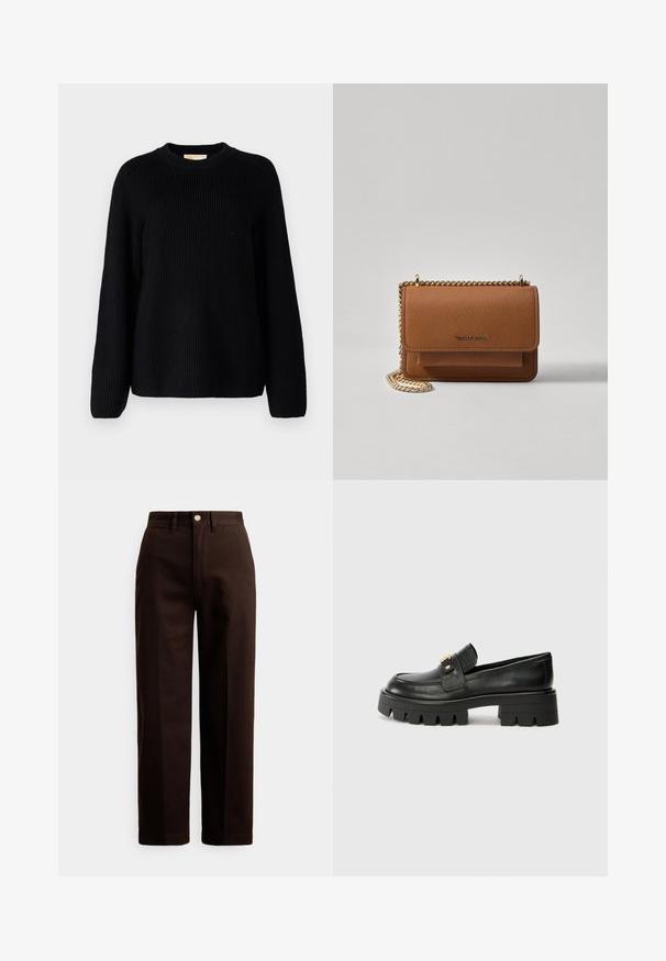 Black ribbed knit sweater with long sleeves and a round neckline. Textured fabric and a relaxed fit design. No patterns or accents.; Dark brown straight-leg pants with button and zipper closure, belt loops, and front pockets against a white background.; Black leather loafers with a chunky sole, featuring a gold-tone accent on the front and a smooth finish. Chunky tread design on the sole.; Brown textured leather crossbody bag with gold chain strap and flap closure. Front features logo detail and a pocket under the flap.