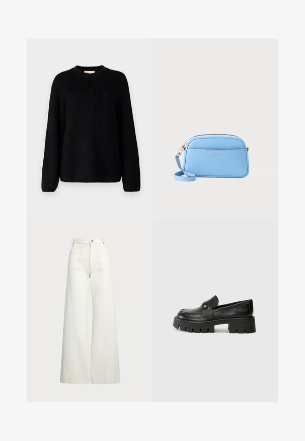 Mustrekootud must kampsun pikkade varrukatega ja ümarate kaelustega. Tekstuuriga kangas ja lõdva istuvusega disain. Ilma mustrite ja aksessuaretta.; Laiad teksad heledast denimist. Kõrge vöökoht, nööbivöö, kaks esikotitäit ja kontrastsed õmblused.; Mustast nahkfrontaalid, millel on paks tald, esiosas kullatooni aksent ja sile viimistlus. Talse paksu mustriga disain.; Hele sinine nahast ristiõlakott kuldse viimistlusega, tõmblukk, ja eesmine tasku. Omab reguleeritavat rihma mugavuse tagamiseks.