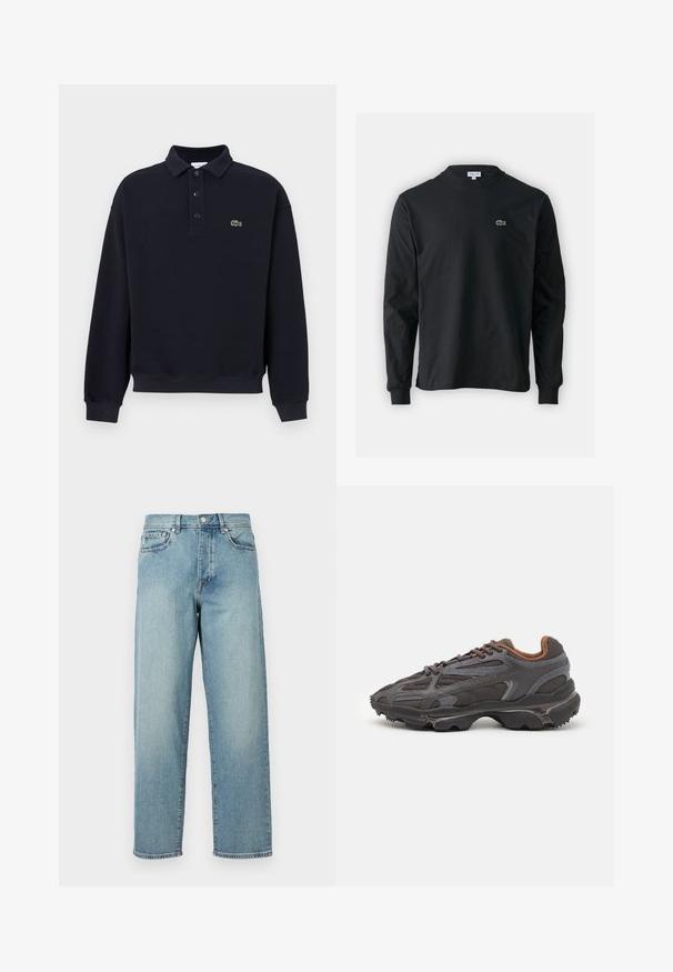Sweatshirt polo de culoare bleumarin închis, dintr-un amestec de bumbac. Prezintă un guler clasic, o deschidere cu trei butoane și un mic logo cu crocodil verde.; Tricou negru cu mânecă lungă, realizat din bumbac, cu un guler rotund și un mic logo brodat cu un crocodil verde pe partea stângă a pieptului.; Blugi din denim de un albastru deschis, cu o croială lejeră, picioare drepti, design cu cinci buzunare și închidere cu nasture la talie. Detaliu de cusătură minimalist.; Adidași Lacoste de culoare gri închis, din material mesh și sintetic, cu o talpă texturată și accente maronii pe guler și branding.