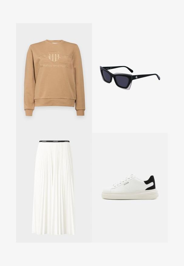 GANT TONAL SHIELD C NECK - Športni pulover - caramel beige; Gubasta bela krila z črnim elastičnim pasom, ki nosi logotip "LACOSTE". Srednje dolga zasnova z mehkobo tkanine.; Bele usnjene športne copate z debelim belim podplatom, črnimi semišnimi detajli na peti in utisnjenim logotipom na strani. Zavezovanje s šestimi luknjicami.; Črne prevelike sončne očala geometrijske oblike, z temnimi lečami in kontrastno sivo podrobnostjo na okvirju. Logo na ročaju.